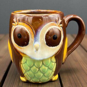 Vintage Glazed Owl Ceramic Coffee Mug 12 Oz Brown & Yellow Collectible Rustic 3D